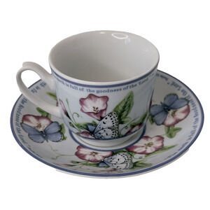 Vintage Psalm 33:5 Tea Cup & Saucer Blue Floral and Butterflies RARE